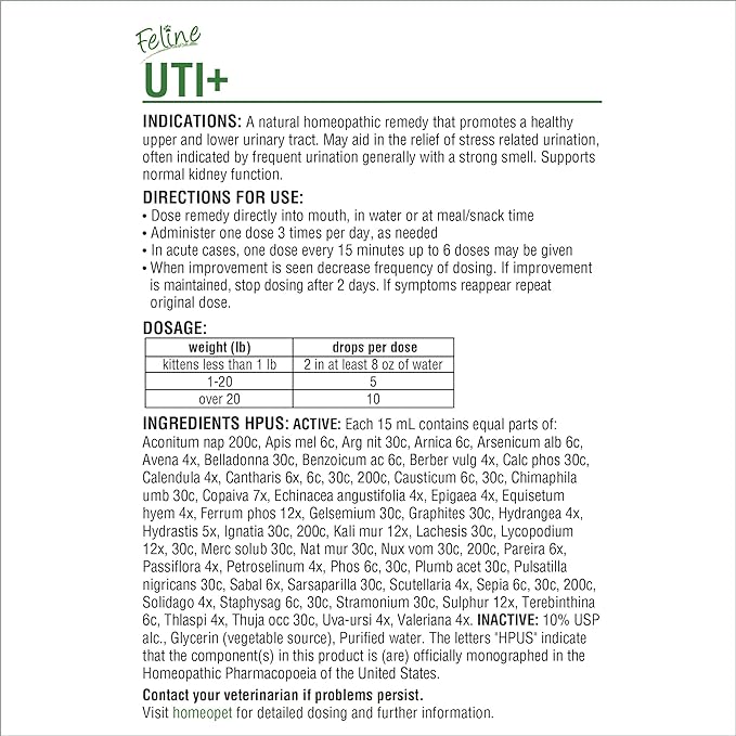 HomeoPet Feline UTI Plus, Safe and Natural Urinary Tract Supplement for Cats, Feline Urinary Tract Support, 15 Milliliters