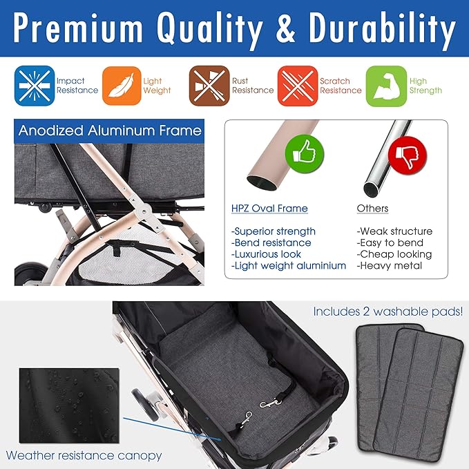 Lite Premium Light-Weight Dog/Cat/Pet Stroller Travel Carriage with Convertible Compartment/Zipper-Less Entry/1-Hand Quick Fold/Aluminum Frame for Small & Medium Pets (Black 2nd-Gen.)