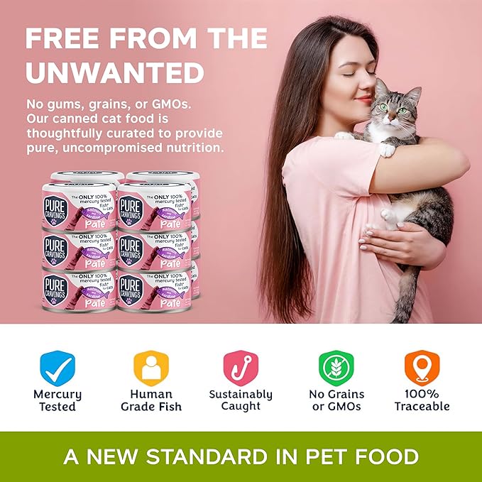 Salmon and Sardine Pate, Canned Wet Cat Food, 100% Mercury-Tested, Moist Can Fish, Grain-Free Protein, Non-GMO, 12 Pack