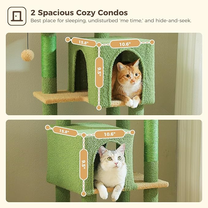 Cactus Cat Tree, 62-Inch Large Cat Tower for Multi-Cat Households w/Scratching Posts, Multi-Level Condo w/Cozy Top Perch & Scratching Pad, Padded Platform, 2 Pompoms, Green