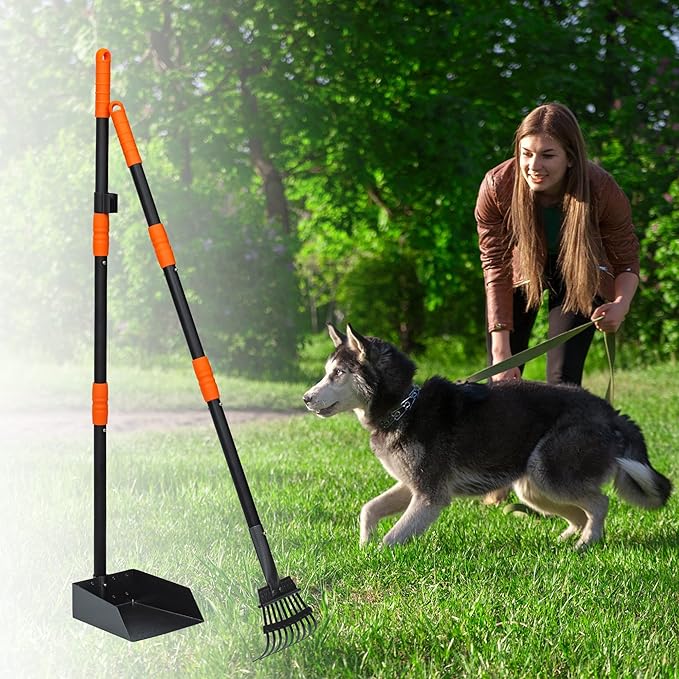 Niubya Pooper Scooper for Dogs, Metal Poop Scooper Tray and Rake Set with Adjustable Long Handle, Dog Pooper Scooper for Pet Waste Removal