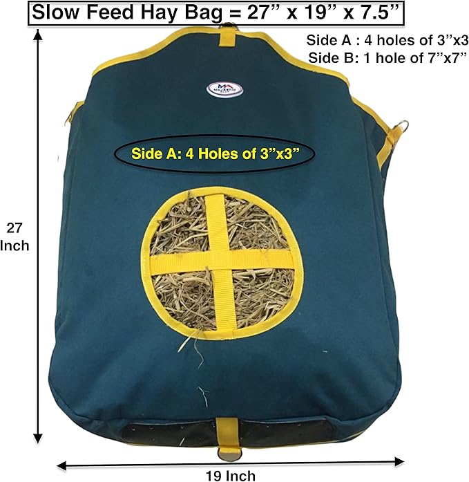 Majestic Ally Nylon Hay Feeder Tote Bag for Horse, Goat, Sheep - Double Sides Open Feed Hole with Faux Leather Ventilated Bottom- Premium Quality -Simulates Grazing - Reduces Waste (Hunter Green)