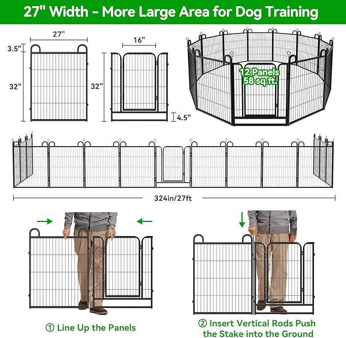 Dog Playpen Outdoor 12 Panels Heavy Duty Dog Fence 32" Height Anti-Rust with Doors Portable for RV Camping Yard, Total 27FT, 58 Sq.ft, Snowy Black
