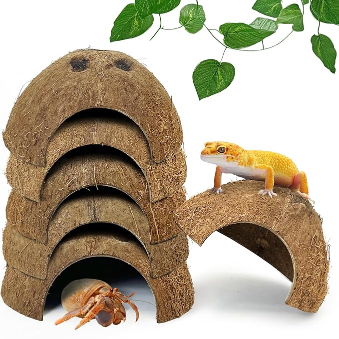 Hamiledyi 7 Pcs Reptile Hideouts Natural Coconut Shells Hut Leopard Gecko Tank Accessories for Hermit Crab Small Snake Tarantulas Lizard Chameleon Small Animal Hide Cave (with Fiber)