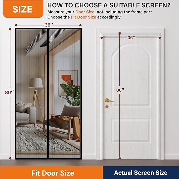 Magnetic Screen Door,Screen Door Mesh,Keep Bugs Out, Easy Install Works with Front Doors, Sliding Doors,Fit Door Size 32 x 78 Inches