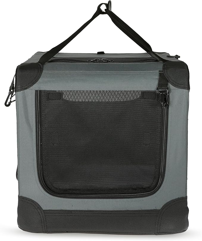 Amazon Basics 4-Doors Portable Soft-Sided Folding Travel Crate Kennel for cat, Dog, and Other Small Animals, Grey, S 26" x 18" x 18"