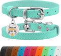BRONZEDOG Leather Cat Collar with Removable Bells Non Breakaway Kitten QR Tag for Girl Boy (7" - 9" for Cats, Turquoise & Silver)
