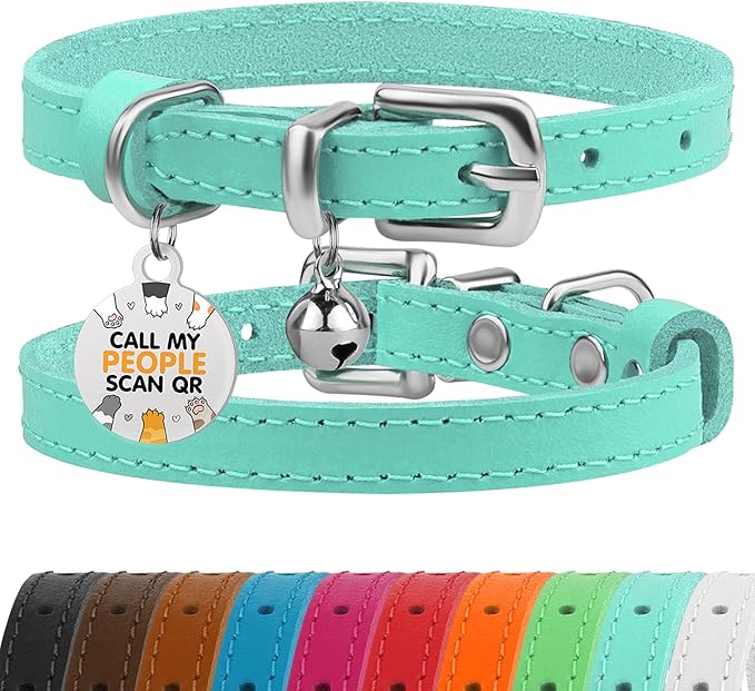 BRONZEDOG Leather Cat Collar with Removable Bells Non Breakaway Kitten QR Tag for Girl Boy (7" - 9" for Cats, Turquoise & Silver)