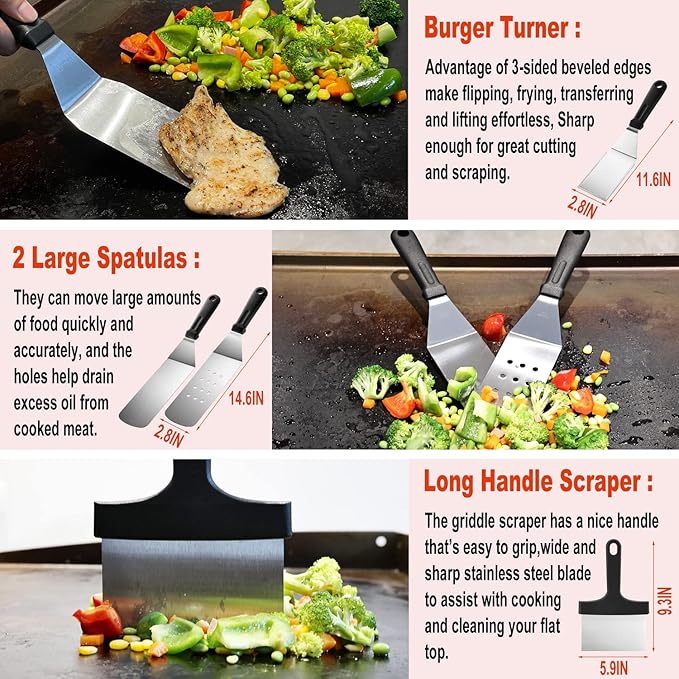 38PCS Flat Top Grill Accessories Set - Must Have for Your Outdoor with Professional Griddle Spatula, Cleaning Kit, Grill Basting Cover - Ideal Griddle Gift for Men Women
