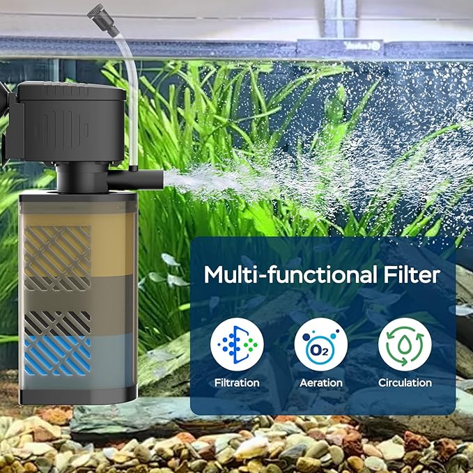 Aquarium Filter for 20-60 Gallon Tanks, Internal Fish Tank Filter, Powerful Submersible Pumps Fish Filter, Turtle Tank Filter, with Dual Water Outlet & Aeration