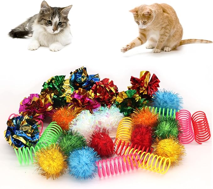 LASOCUHOO Cat Toys, 30 Packs Interactive Cat Toy Pack Including Cat Crinkle Balls, Cat Sparkle Balls, Spiral Springs for Most Cats