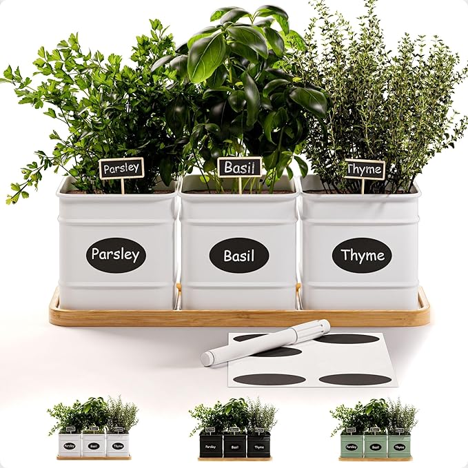Herb Planter Indoor - 3 Iron Herb Pots with Drainage Holes, Varnished Bamboo Tray, Customizable Labels & Marker Pen - Indoor Herb Garden Planter - 3 Pots for Herbs - Inside Spice Garden - Basil Pot