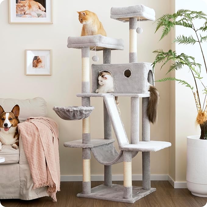 Ouritsu Cat Tree, 61 inch Tall Cat Tower for Large Cat Indoor, Enlarged Condo, 2 Padded Perches with 1 Widened, Large Hammock, Scratching Post and ramp, Fluffy Basket, Light Gray, LF002GA