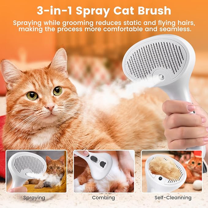 3 in 1 Cat Steam Brush for Cats & Dogs, Pet Spray Hair Removal Comb for Shedding & Grooming, Rechargeable Water Brush for Long & Short Haired Pets with Release Button(White)