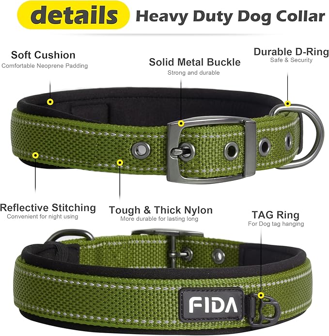 Fida Heavy Duty Dog Collar for Medium Dogs, Ultra Comfortable Soft Neoprene Padded, Adjustable Reflective Nylon Pet Collar with Durable Metal Belt Buckle for Medium Breeds (M, Green)