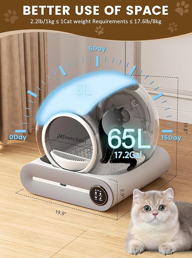 (2025) Self Cleaning Litter Box, Upgraded Robot Automatic Litter Box for Multiple Cats, 65L+9L Extra Large, Features Negative ion Sterilization and Deodorization, APP Control, 3 Rolls Litter Liners