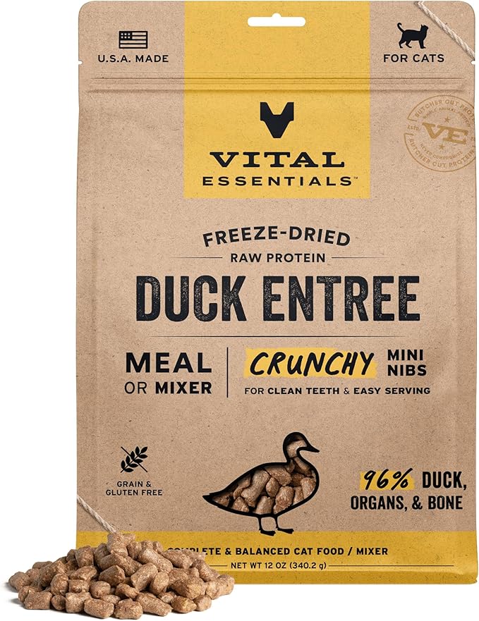 Vital Essentials Freeze-Dried Raw Duck Meal or Mixer Cat Food Crunchy Nibs, 12 oz