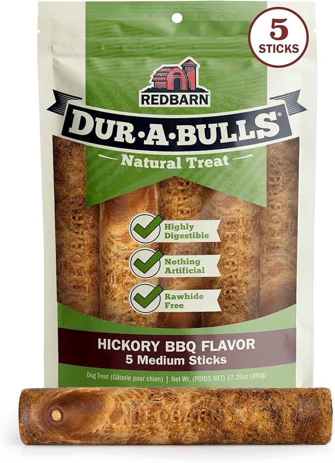 Redbarn Natural Dur-A-Bulls Treats for Dogs - 5 Medium Sticks - Hickory Flavor - Made in USA Long Lasting 100% Digestible No Artificial Ingredients or Plastic