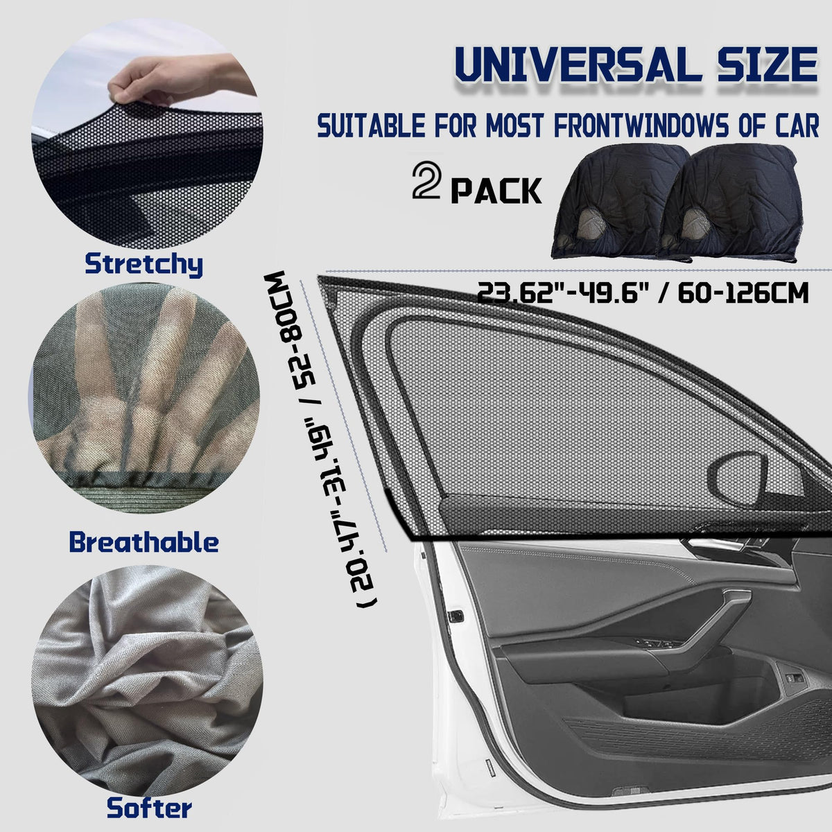 Car Rear Window Screens for Side Windows, 2 Pack Side Window Sun Shades,Stretchy Mosquito Net Cover Fit Cars SUVs - Up to 36.22”x55.1”