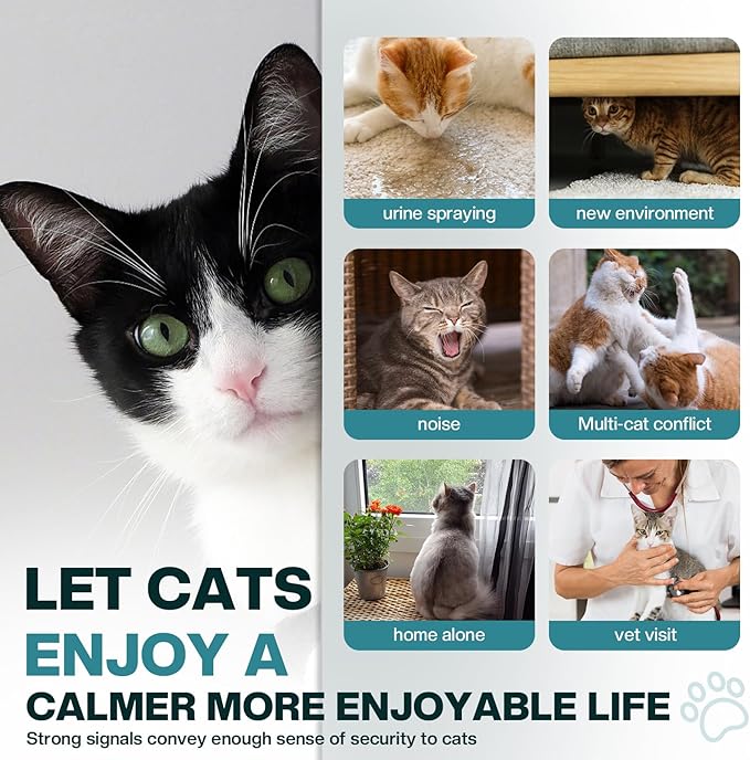Cat Calming Diffuser 6 in 1 Multicat Calming Pheromones Diffusers Relief Stress Anxiety Fighting Scratching 90 Days Calm Relaxing Pheromone for Cats kit 48ml Refill Fits All Common Diffuser Plug In