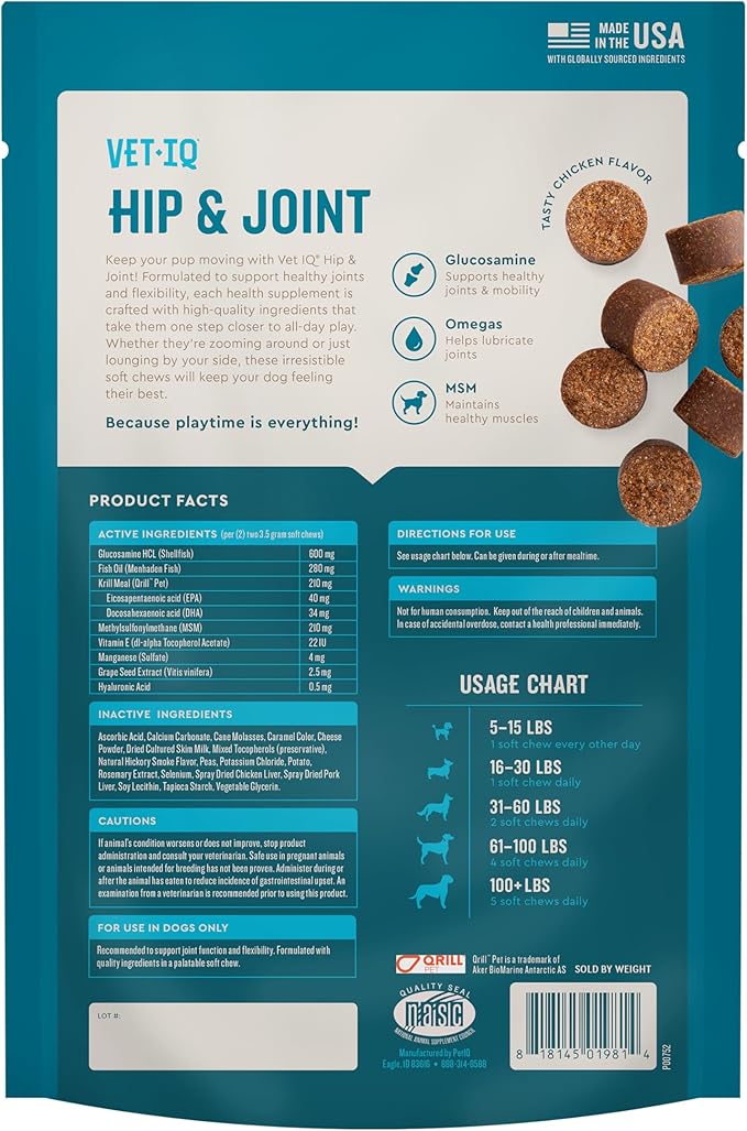 VetIQ Hip & Joint Supplement for Dogs, Anti Inflammatory Joint Support, Glucosamine, MSM, and Krill, Chicken Flavored Soft Chews, 60 Count