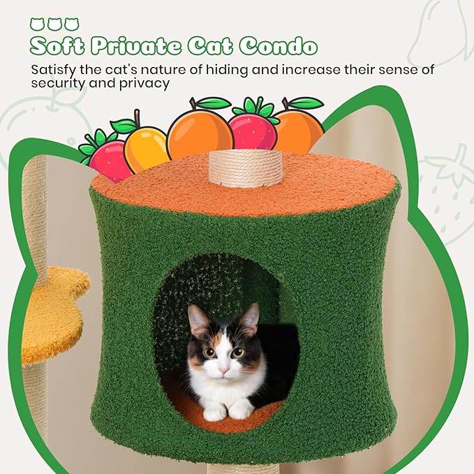 Happy & Polly Cute Cat Tree - 48.4" Fruit World Cat Tower for Indoor Cats, Multi-Level Cat Condo with Sisal Scratching Posts, Private Cave, Plush Strawberry Perches, Perfect Cat Tree Activity Center