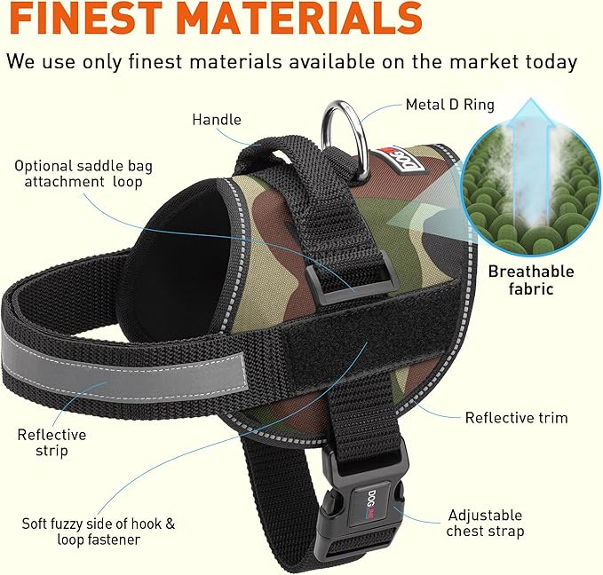 Dogline Dog Harness, Reflective No-Pull Adjustable Vest with Handle, Breathable No-Choke Harness for Small, Medium or Large Dogs Room for Patches Girth 27 to 34 in Green Camo