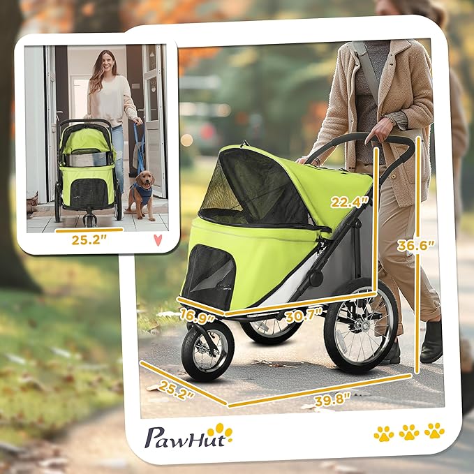 PawHut Dog Stroller, Pet Stroller 3 Wheels with Easy One-Hand Fold, Rubber Wheels, Storage Bag, Soft Cushion, Safety Leash, for Small & Medium Dogs, Yellowish Green
