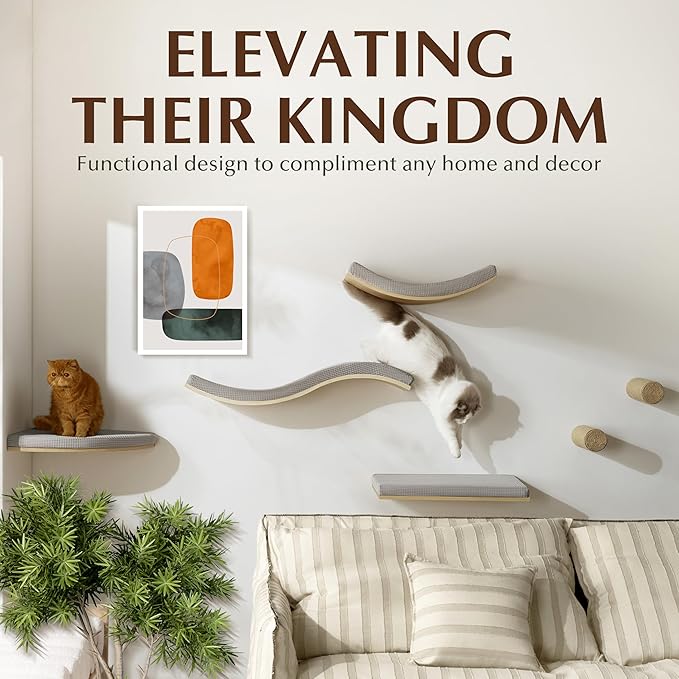 Extra Large 35.4” × 11.6” Stylish Cat Wall Shelves with Soft Cushion, Modern Wall-Mounted Cat Tree Furniture & Perch, Sturdy/Hidden Mounts, Machine Wash Cover, Sleek Design- CALLICO HAVEN Wave S-Shape