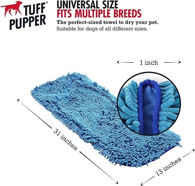 Tuff Pupper Quick Dry Towel for Dogs | Ultra Absorbent Microfiber Shammy | Extra Large 35x15 Size for All Breeds | Comfortable Hand Pockets | Indoor Outdoor Use | Durable Material | Machine Washable