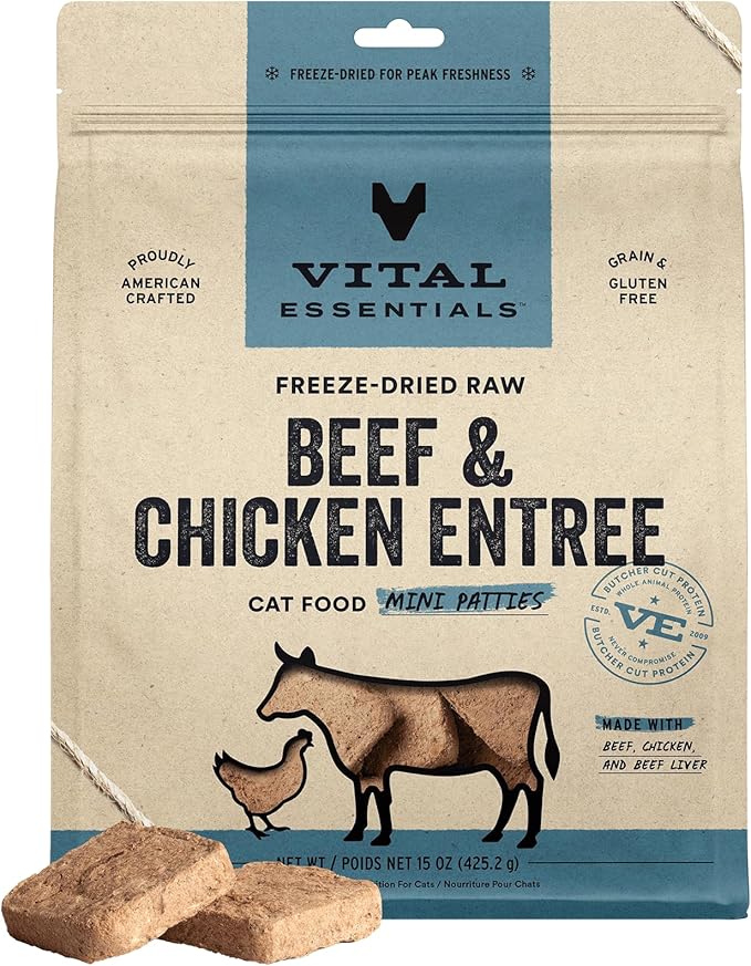Vital Essentials Freeze Dried Raw Cat Food, Beef & Chicken Mini Patties Entree, 15 oz