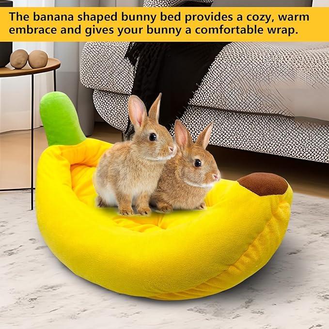 Rabbit Bed,Bunny Bed,Thick&Soft with Removable Mat,Machine Washable Guinea Pig Cushion,Cozy Rabbi Plush House,Warm Small Animal Sleeping Beds(Yellow Banana Shape-L)