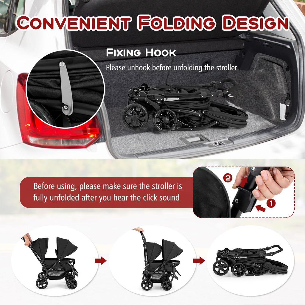HONEY JOY Double Stroller, Foldable Lightweight Infant Twin with Tandem Seating, 5-Point Harness, Recline Seat, Storage Basket, Compact Baby Double Stroller Newborn and Toddler (Black)