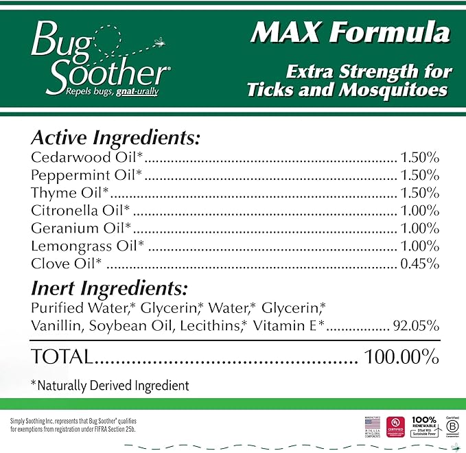 Bug Soother MAX - Extra Strength Natural Gnat, Tick, and Mosquito Repellent, 3 Pack 4 fl oz w/Free 1 oz. Bug Spray Deterrent - DEET Free - Safe for Adults & Environment - Made in USA