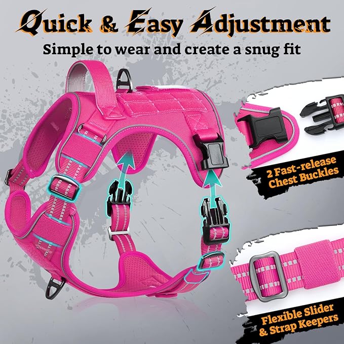 rabbitgoo Dog Harness Medium Sized No Pull, Tactical Service Pet Vest with Molle and Control Handle, Adjustable and Reflective Military Harness for Easy Walking and Training, Rose Red, M