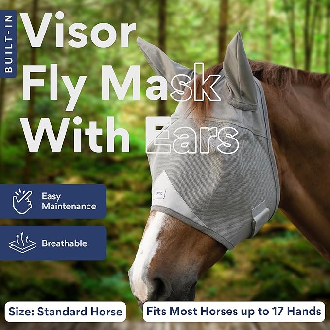 Horse Fly Mask with Ears | Built-in Visor | Breathable, Lightweight Mask | 95% UV Eye Protection | Adjustable Fit for Comfort Horse Medium/Large Size