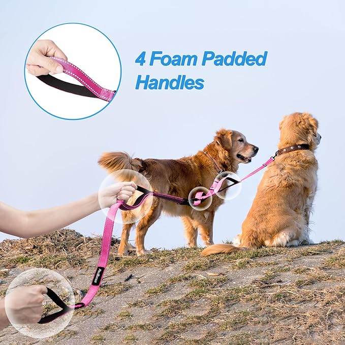 PetBonus Double Dog Leash, No Tangle Dual Leash, Reflective Walking Training Lead, 4 Comfortable Padded Handles for 2 Dogs with Collapsible Bowl and Waste Bags (Pink, Large)