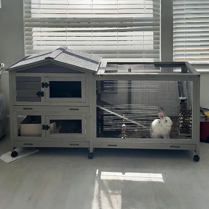 Aivituvin Rabbit Hutch Outdoor Rabbit Cage Indoor with Casters Bunny Cage Chikcen Coop for Small Animals with Pull-Out Tray(Grey)