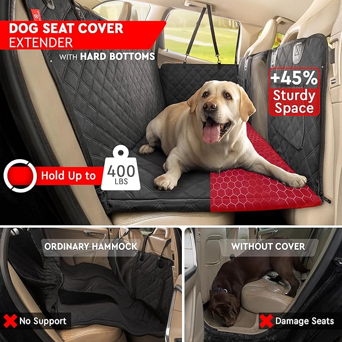Helteko Back Seat Extender for Dogs, Premium Car Seat Cover with Hard Bottom Plates, Waterproof Backseat Protector, Mesh Window and 2 Storage Pockets, Hammock Travel Bed for Crew Cab and Full Trucks