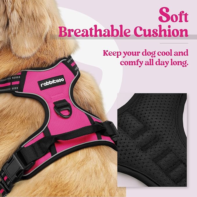 rabbitgoo Dog Harness No Pull with 2 Leash Clips, Adjustable Soft Padded, Reflective Oxford No Choke Pet Vest with Easy Control Handle for Large Dogs, Hot Pink, S