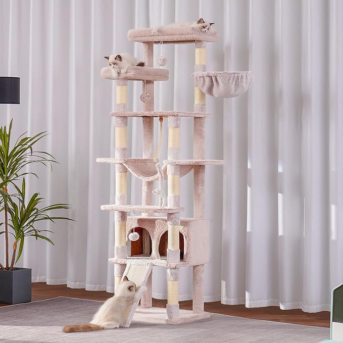 Heybly Tall Cat Tree, 78-inch Multi-Level Cat Tower for Indoor Cats, 2 Widened Plush Perches Cat Condo with Scratching Board and Big Caves, Muchroom HCT033MU