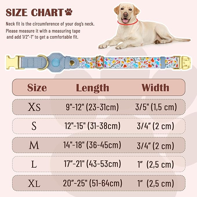 AirTag Dog Collar for Small Medium Large Breed - Adjustable Cute Pattern Dog Collar with Airtag Holder - Soft Leather Tracker GPS Apple Air Tag Pet Collars (Medium, 14"-18" Neck Fit, Floral)