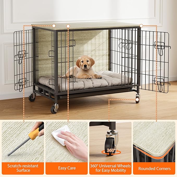Dog Crate Furniture, 27.2" Small Dog Kennel Wooden Dog Crate with Pull-Out Tray, Double Doors, Modern End Table for Small/Medium Dogs, Rustic Brown