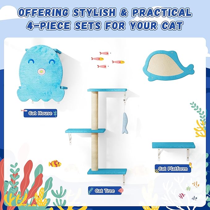 COZIWOW 4-Piece Wall-Mounted Cat Tree Set – Sturdy Wood Pet House, Scratching Board, Platforms, Sisal Posts & Blue Fish Charm – Ocean Blue