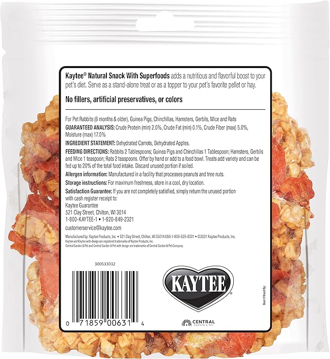 Kaytee Natural Snack with Superfoods for Pet Guinea Pigs, Rabbits, Hamsters, and Other Small Animals, Apple & Carrot, 2.5 Ounces (Pack of 2)