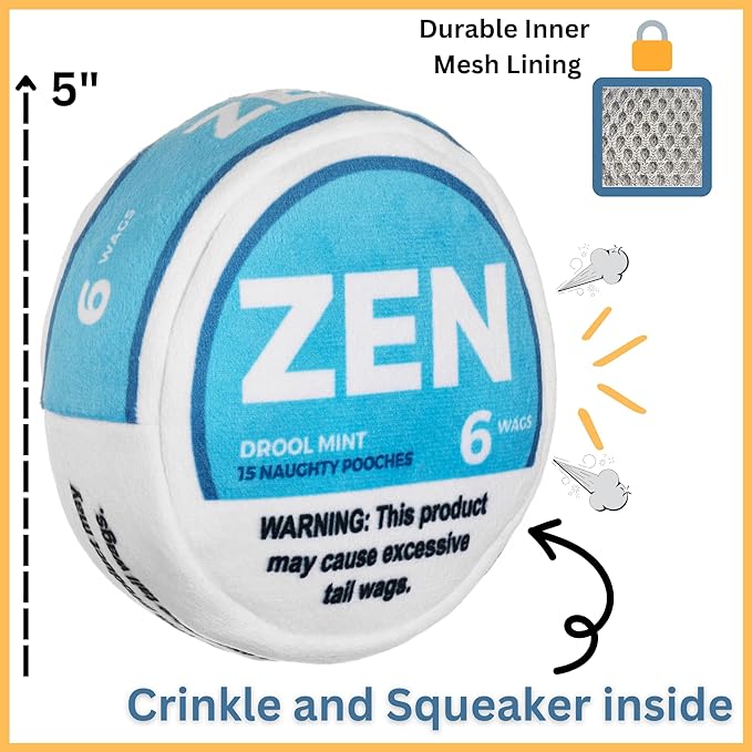 Zen Pupper Deckies Parody Dog Toy - Plush Squeaky and Crinkle Funny Dog Toy - Drool Mint