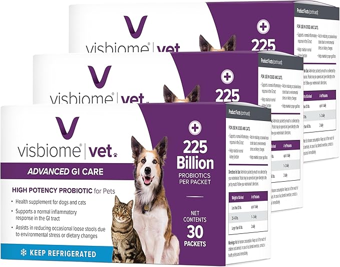 Visbiome® Vet Advanced GI Care Probiotic for Dogs & Cats – 225B CFU, 8-Strain Formula – Veterinarian Recommended, Clean Label Certified – 90 Packets