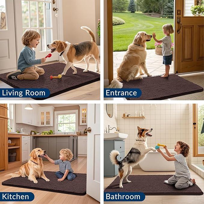 Smiry Dog Door Mat for Muddy Paws 48x30, Absorbs Moisture and Dirt Doormat, Non-Slip Washable Quick Dry Chenille Front Door Mat Indoor Entrance, Entryway Carpet for Inside Floor, Brown