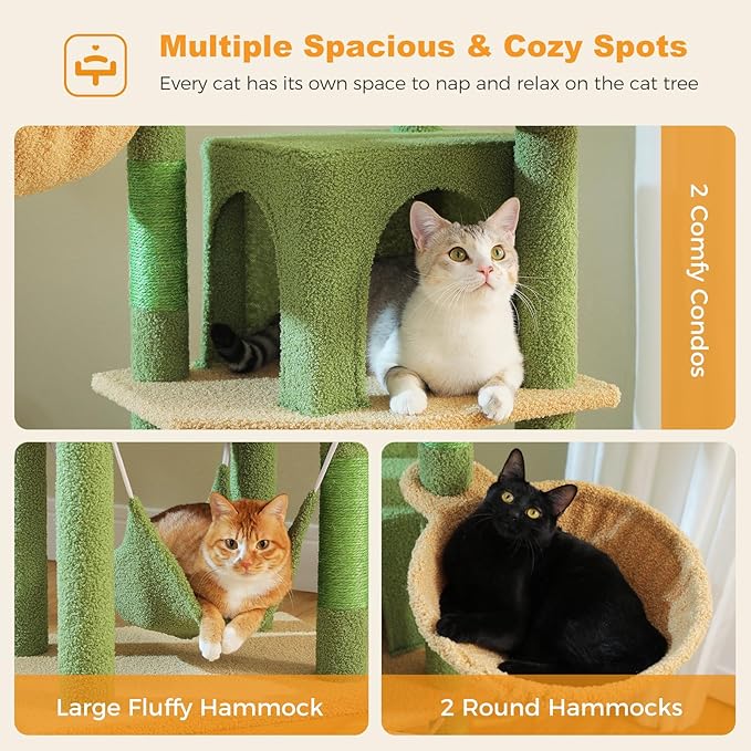 71.2" Large Cat Tree for Multi-Cat Households - 9-Level Cat Tower w/5 Sisal Scratching Posts, 2 Condos, Soft Hammock, Top Perch & Pom Poms - Heavy-Duty Space-Saving Design, Cactus Green