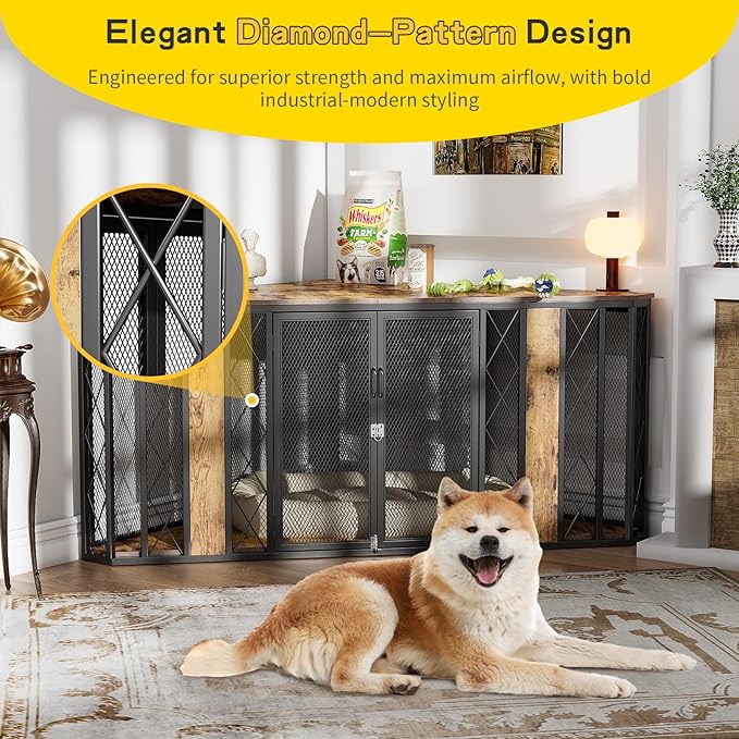 XL Corner Dog Crate Furniture, Decorative Dog Crates Dog Cage TV Stand with Diamond Metal Decoration, Wooden Dog Crate with Double Lock Design, Dog Crates Table, Retro Brown